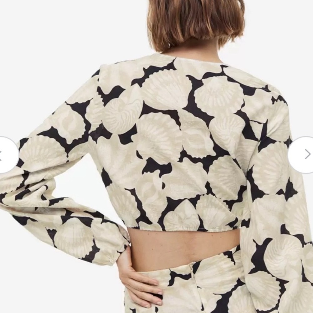 H&M Cropped Linen Blend Puff Sleeve Seashell Top New - Picture 3 of 6